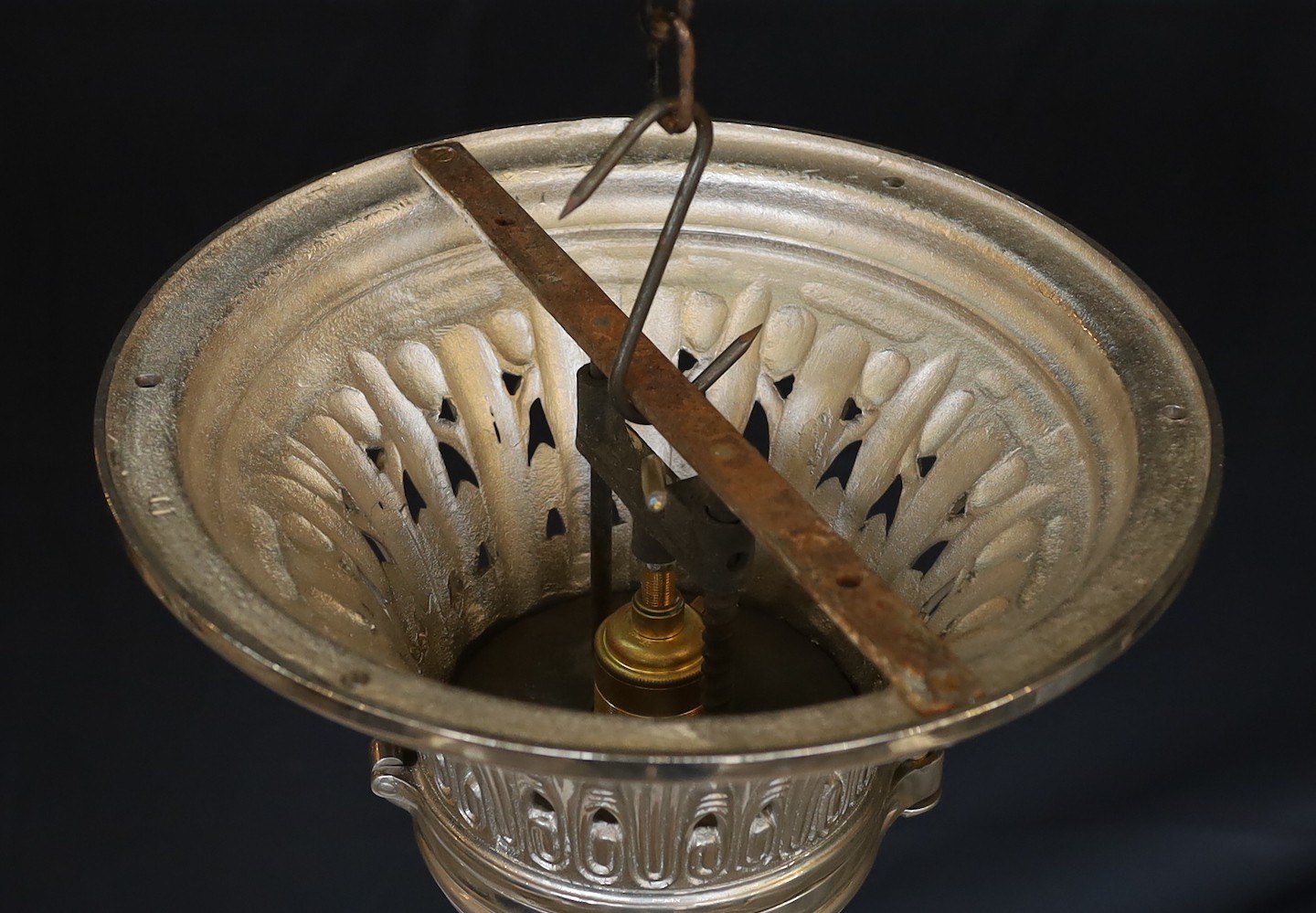 A continental silver brass ceiling lamp, height 27cm. diameter 27 cm.